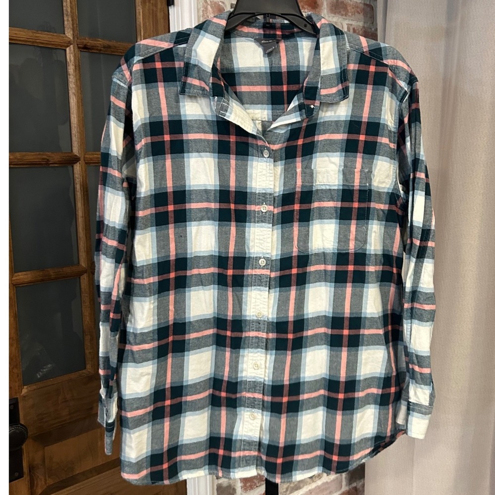 Eddie Bauer Flannel Shirt Women Green Pink Plaid Button Up Gorpcore Cabin L